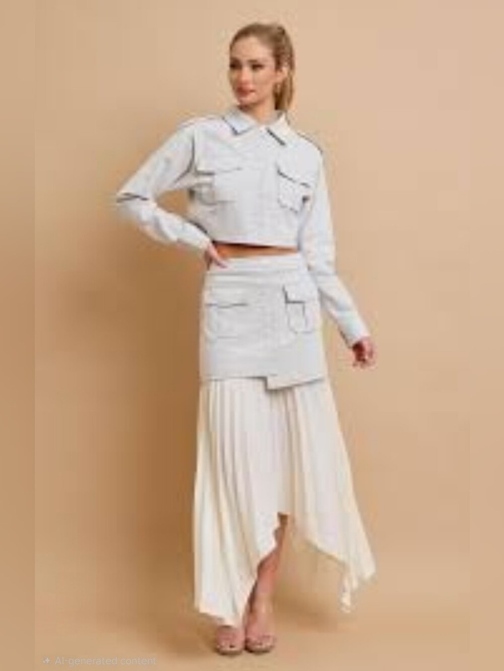 RIVIR Cream Utility Cargo Layered Pleated Asymmetrical Midi Skirt NWOT Size L!
